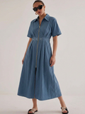 Steel Blue Collared Midi Dress with Front Zip Detail -The Woven Saga