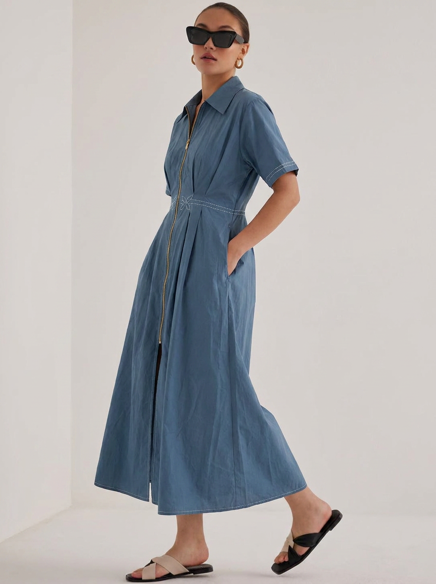 Steel Blue Collared Midi Dress with Front Zip Detail -The Woven Saga