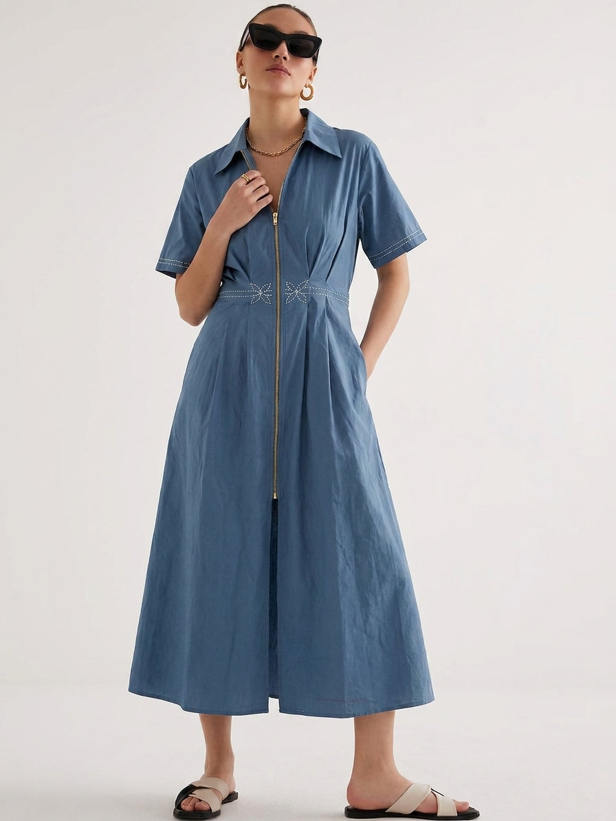 Steel Blue Collared Midi Dress with Front Zip Detail -The Woven Saga