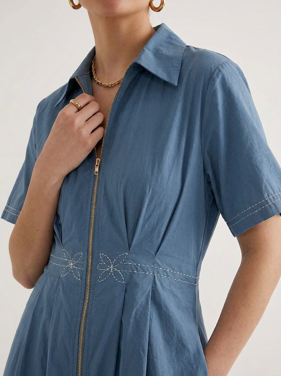 Steel Blue Collared Midi Dress with Front Zip Detail -The Woven Saga