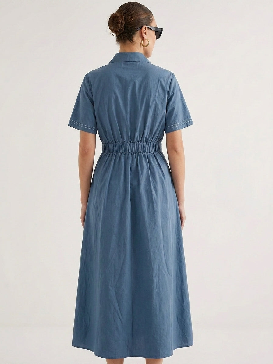 Steel Blue Collared Midi Dress with Front Zip Detail -The Woven Saga
