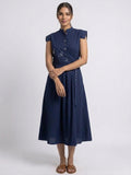 Navy Blue Embroidered Waist Midi Dress - The Woven saga