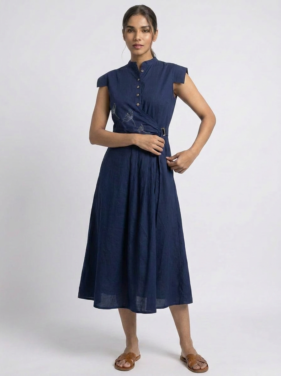 Navy Blue Embroidered Waist Midi Dress - The Woven saga