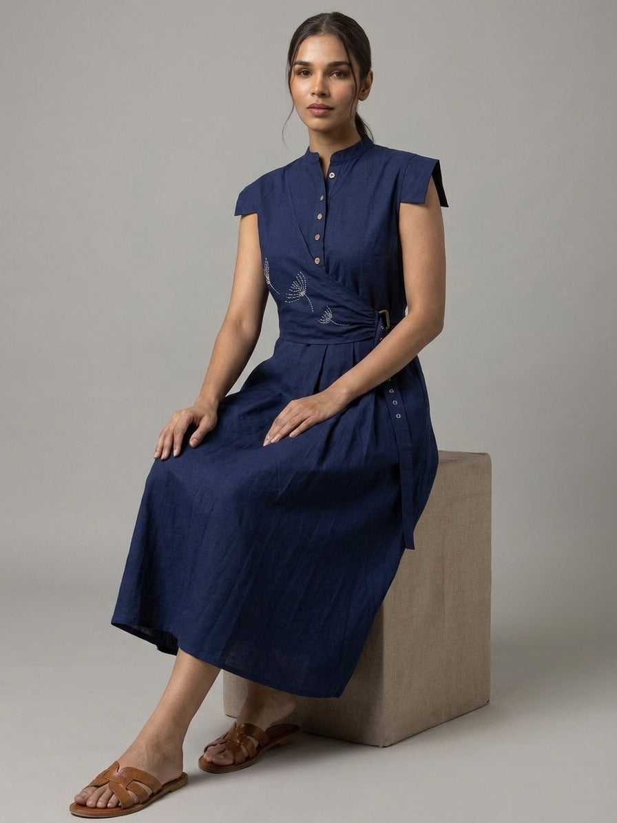 Navy Blue Embroidered Waist Midi Dress - The Woven saga