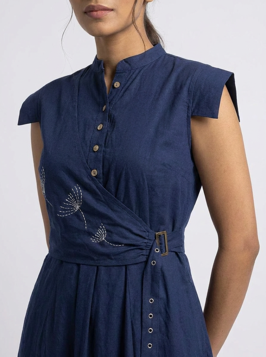 Navy Blue Embroidered Waist Midi Dress - The Woven saga