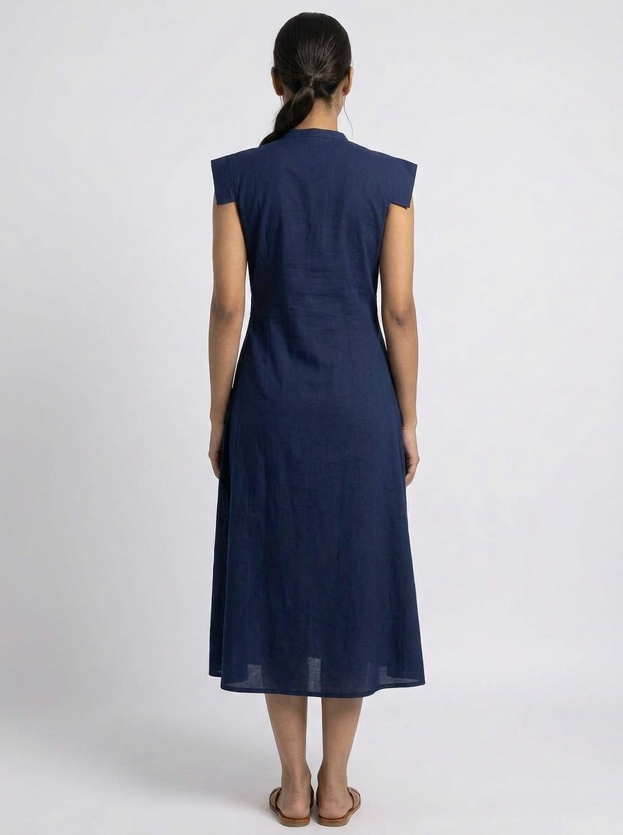 Navy Blue Embroidered Waist Midi Dress - The Woven saga