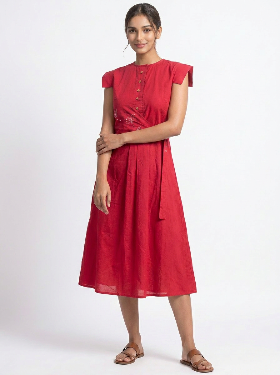 Women Red Overlap Waist Midi Dress with Button Front - The Woven Saga