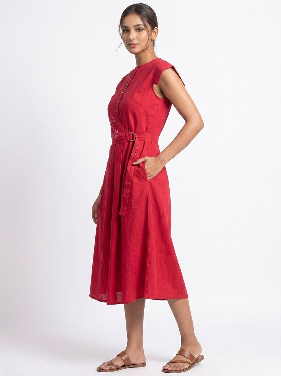 Women Red Overlap Waist Midi Dress with Button Front - The Woven Saga