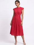 Women Red Overlap Waist Midi Dress with Button Front - The Woven Saga