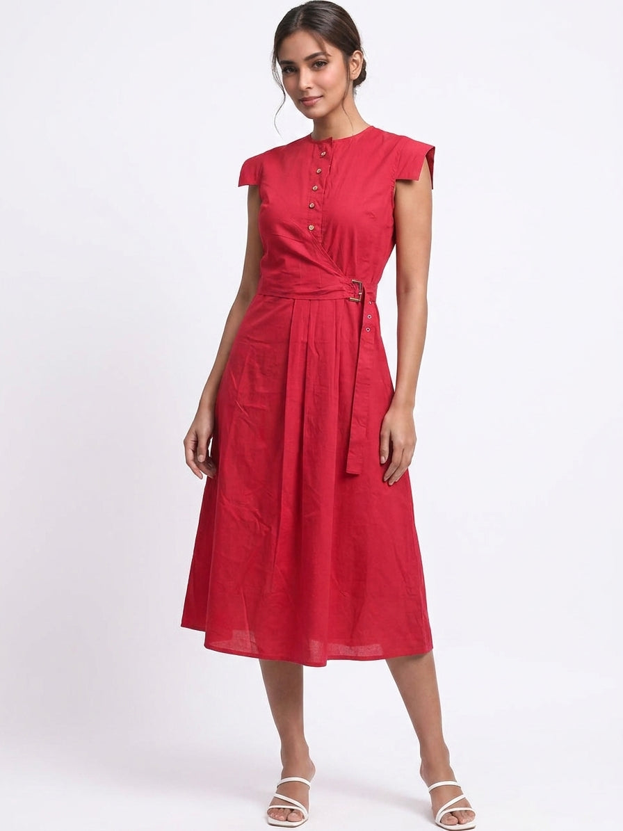 Women Red Overlap Waist Midi Dress with Button Front - The Woven Saga
