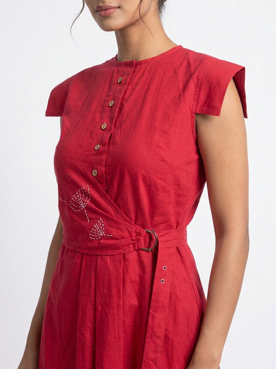 Women Red Overlap Waist Midi Dress with Button Front - The Woven Saga