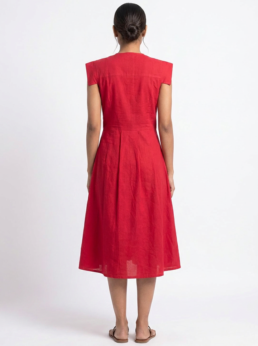 Women Red Overlap Waist Midi Dress with Button Front - The Woven Saga