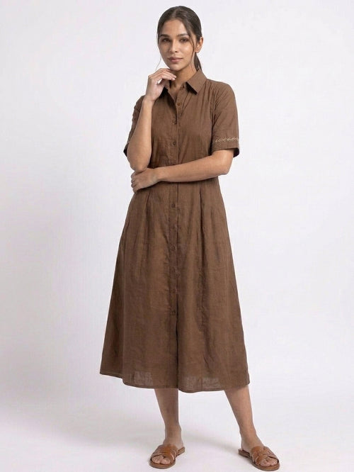 Coffee Brown Button - Down Midi Dress  - The Woven saga