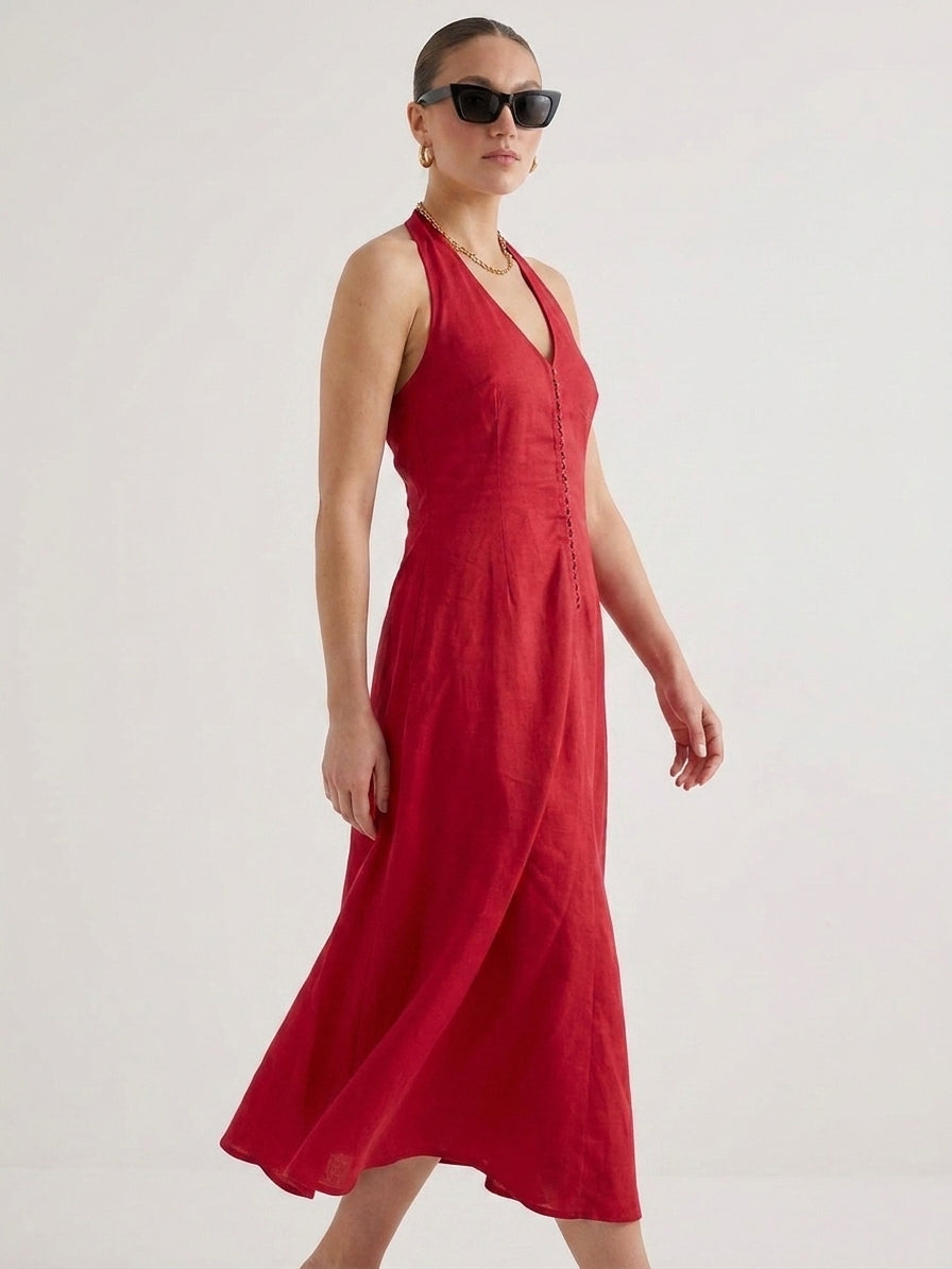 Women Red Halter Neck Fit & Flare Midi Dress - The Woven Saga