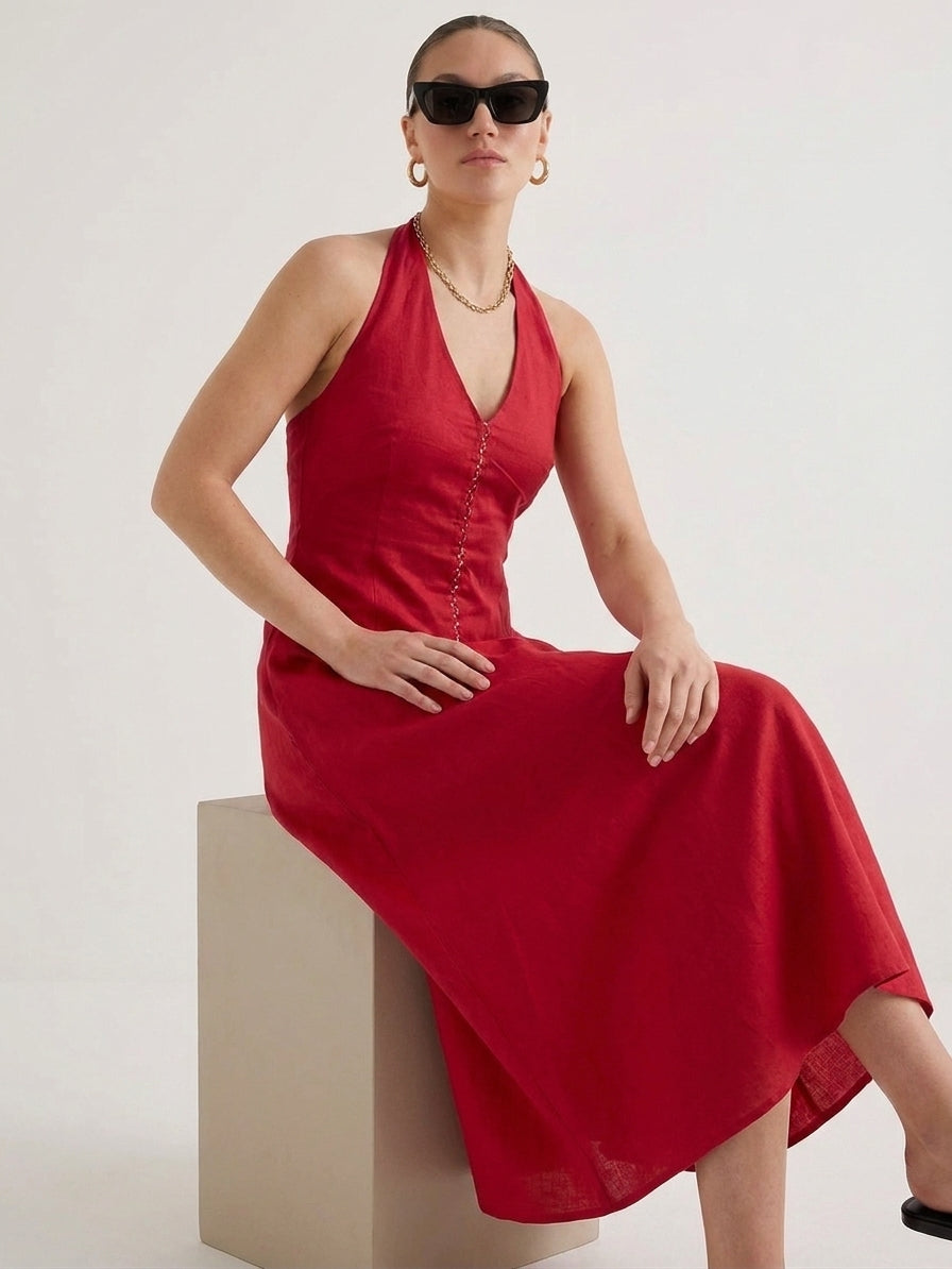 Women Red Halter Neck Fit & Flare Midi Dress - The Woven Saga
