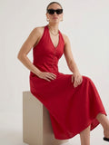 Women Red Halter Neck Fit & Flare Midi Dress - The Woven Saga