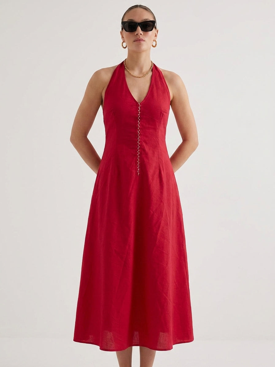 Women Red Halter Neck Fit & Flare Midi Dress - The Woven Saga