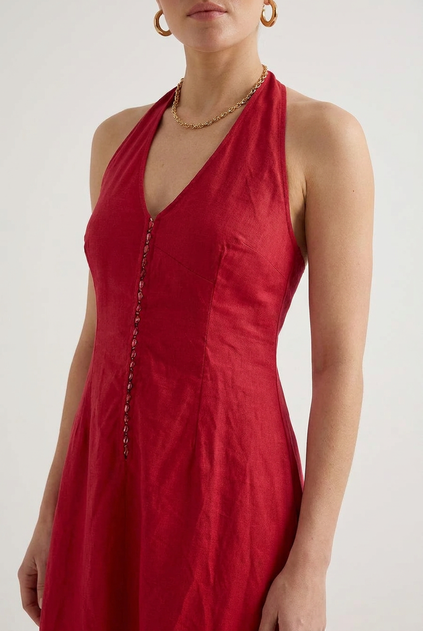 Women Red Halter Neck Fit & Flare Midi Dress - The Woven Saga