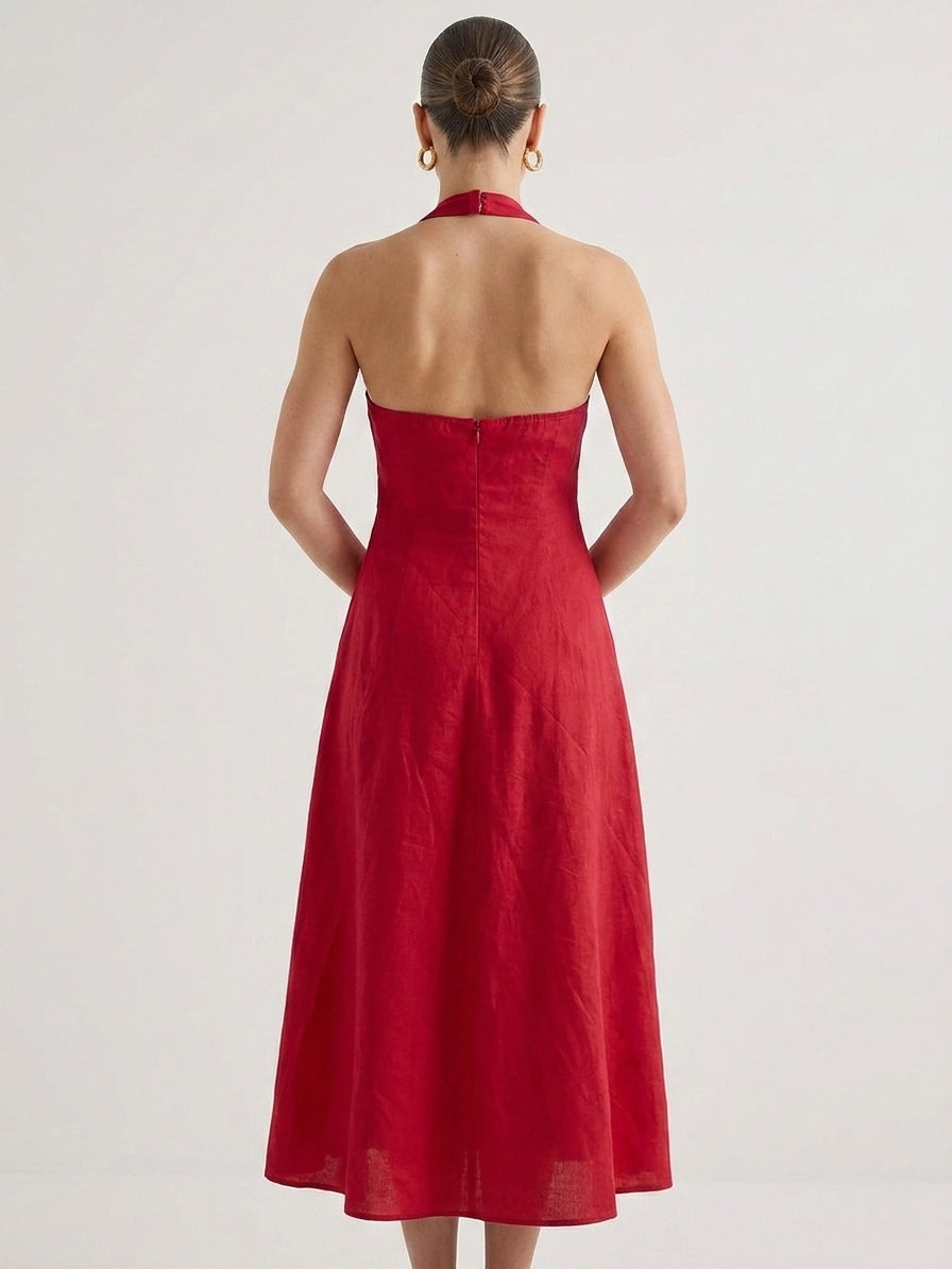 Women Red Halter Neck Fit & Flare Midi Dress - The Woven Saga