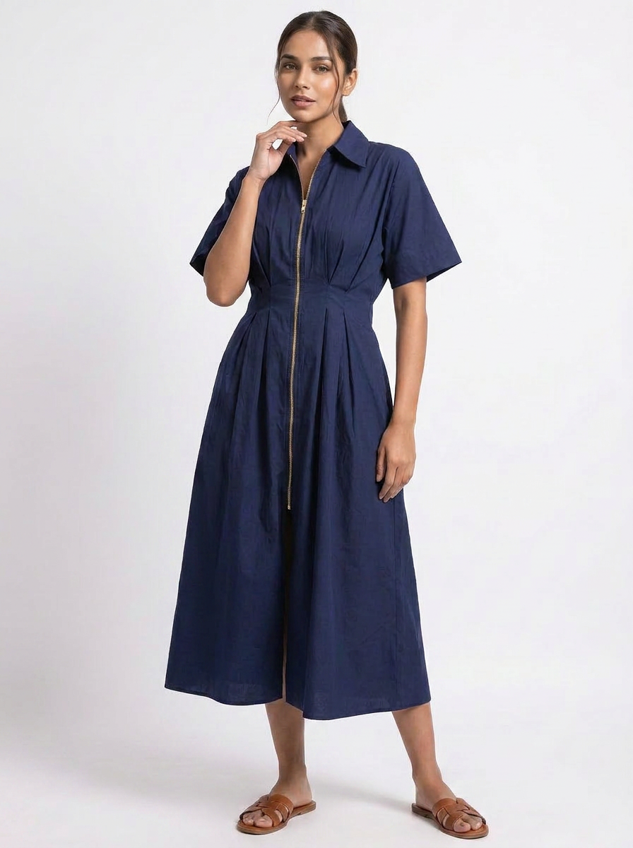 Navy Blue Midi Dress with Front Zip  - The Woven saga