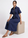 Navy Blue Midi Dress with Front Zip  - The Woven saga