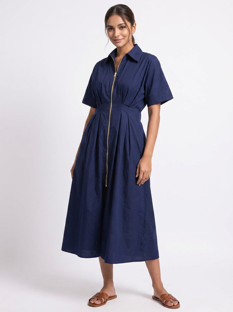 Navy Blue Midi Dress with Front Zip  - The Woven saga