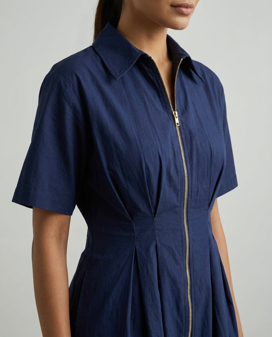 Navy Blue Midi Dress with Front Zip  - The Woven saga