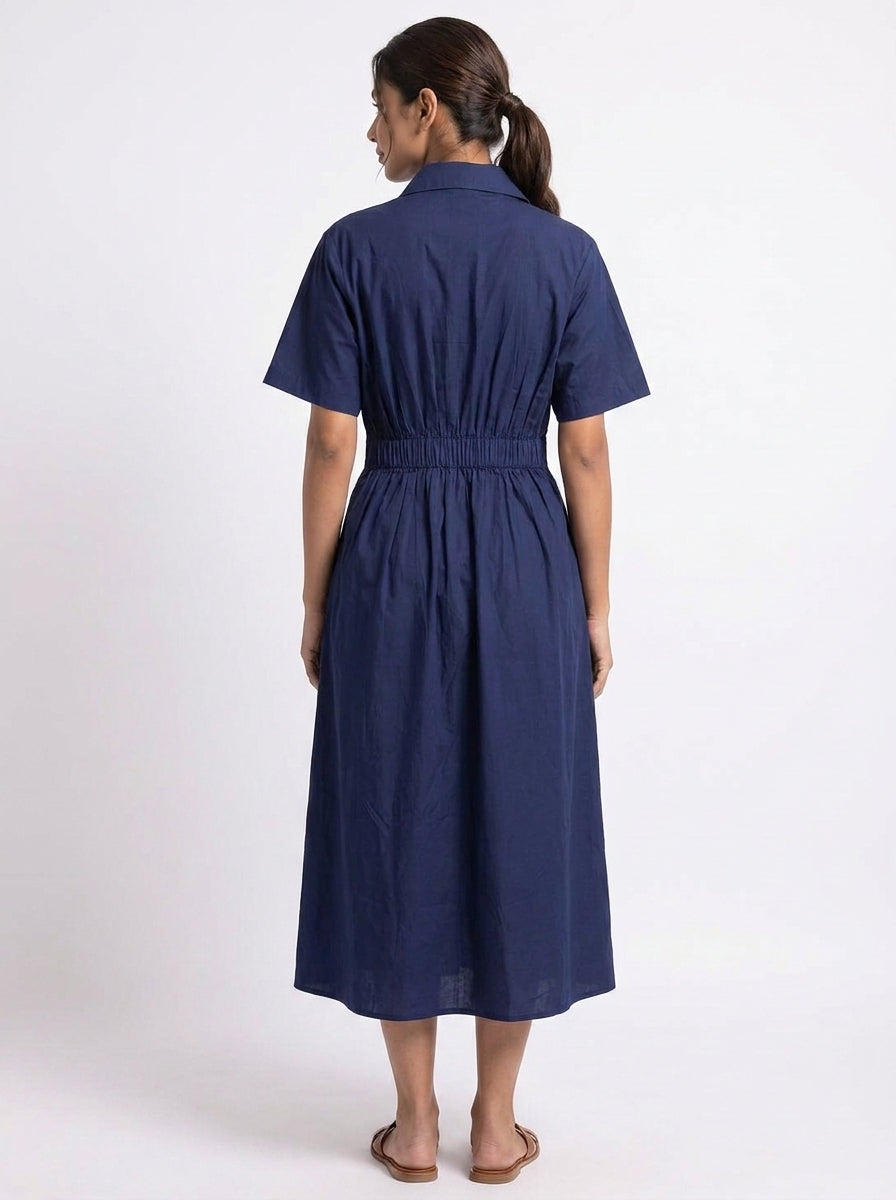 Navy Blue Midi Dress with Front Zip  - The Woven saga