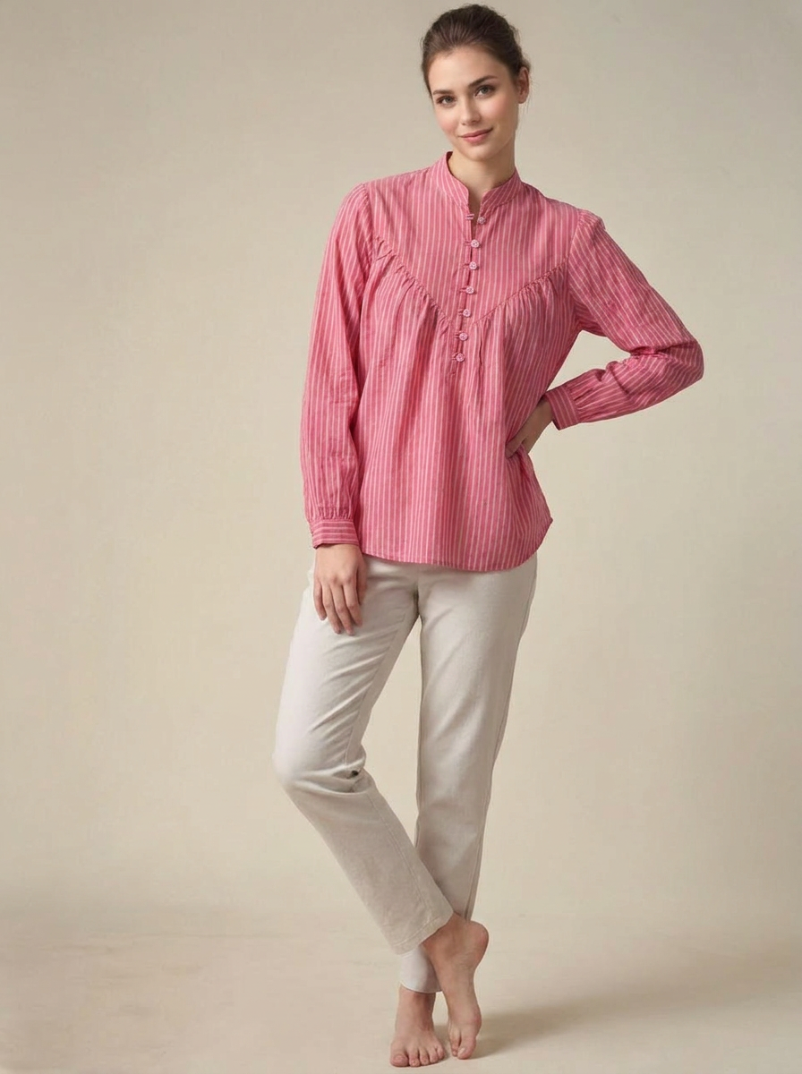 Women’s Relaxed Blush Stripe Gathered Shirt - The Woven Saga