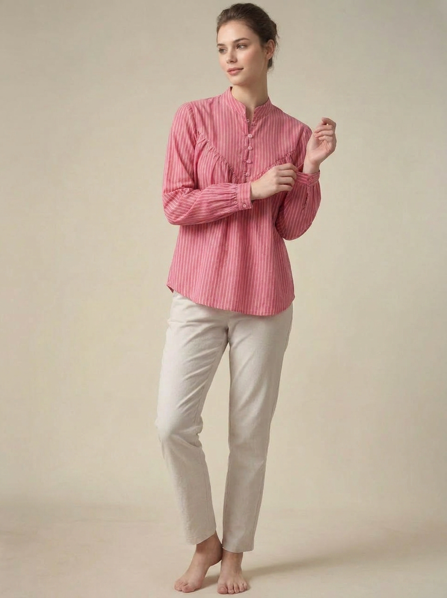 Women’s Relaxed Blush Stripe Gathered Shirt - The Woven Saga