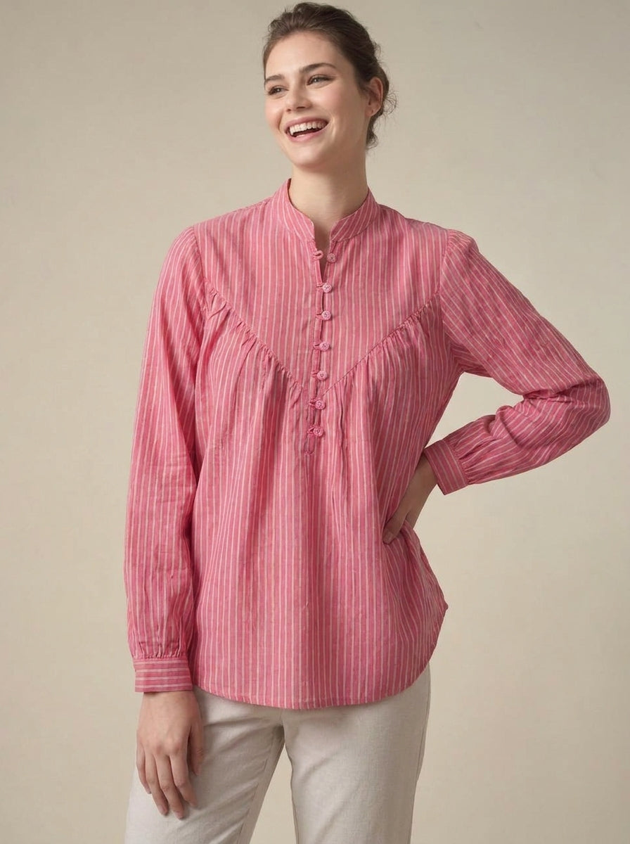 Women’s Relaxed Blush Stripe Gathered Shirt - The Woven Saga