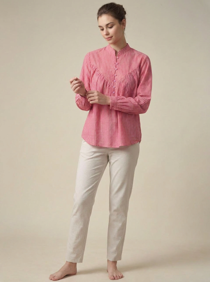 Women’s Relaxed Blush Stripe Gathered Shirt - The Woven Saga