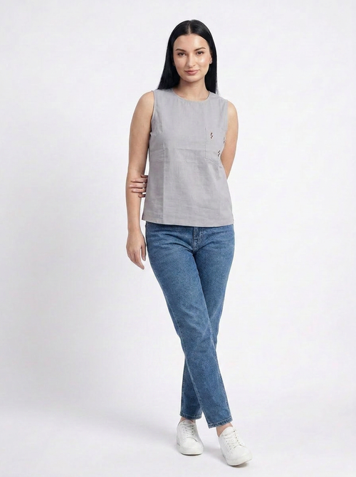 Grey Sleeveless Cotton Top with embroidered pocket. - The Woven Saga