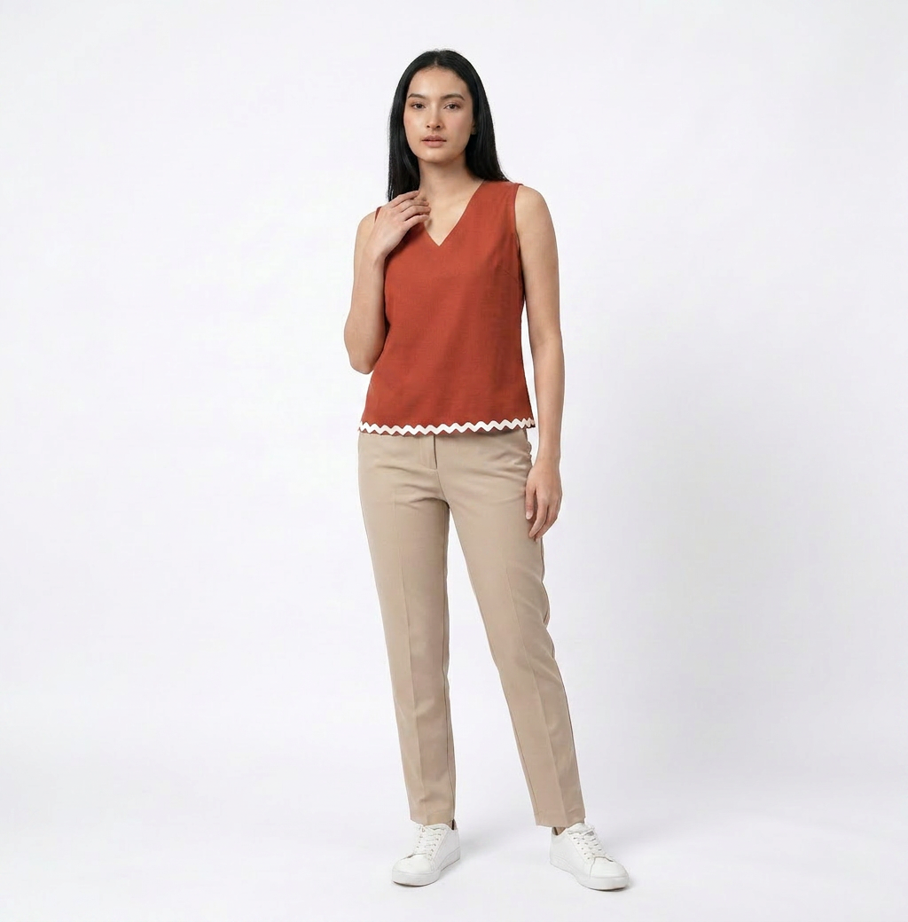 Rust Minimal V- Neck Sleeveless Top - The Woven Saga