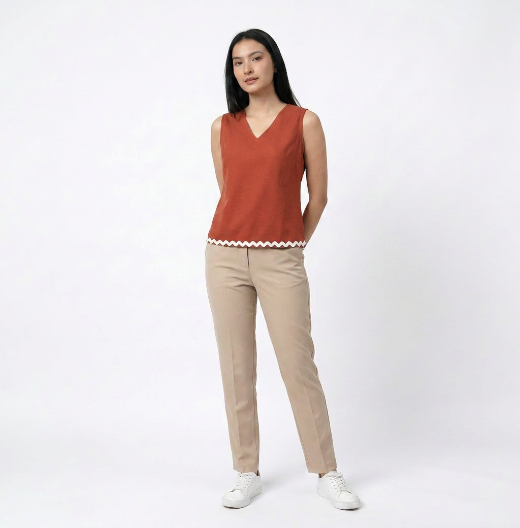 Rust Minimal V- Neck Sleeveless Top - The Woven Saga