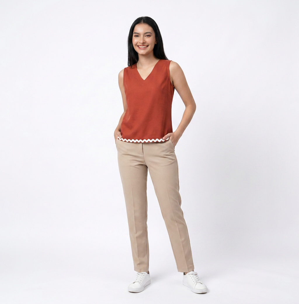 Rust Minimal V- Neck Sleeveless Top - The Woven Saga