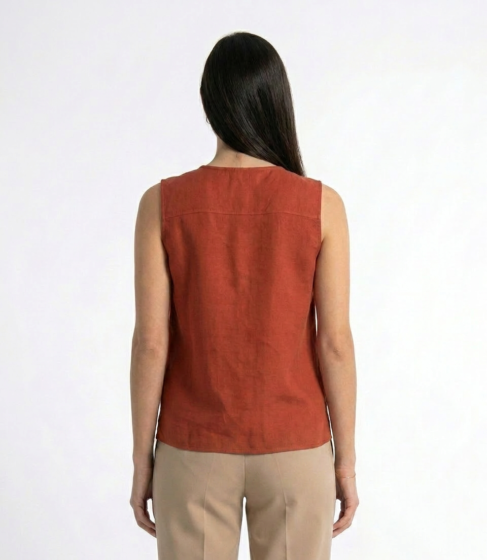 Rust Minimal V- Neck Sleeveless Top - The Woven Saga