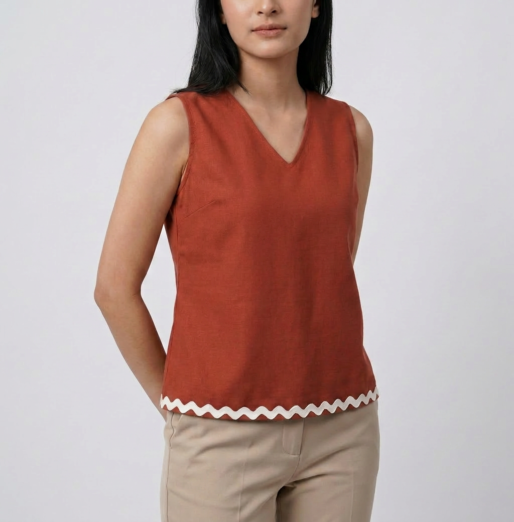 Rust Minimal V- Neck Sleeveless Top - The Woven Saga
