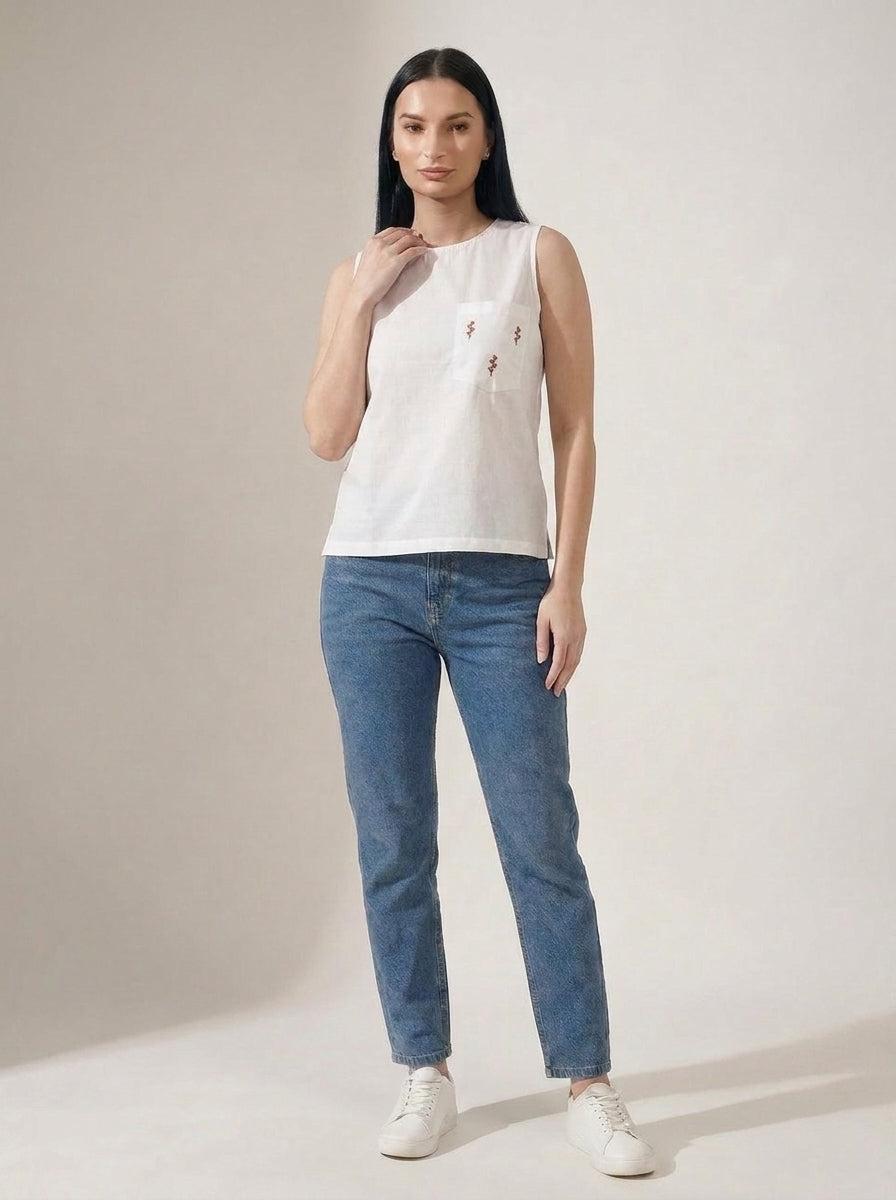 White Sleeveless Cotton Top with embroidered pocket - The Woven Saga