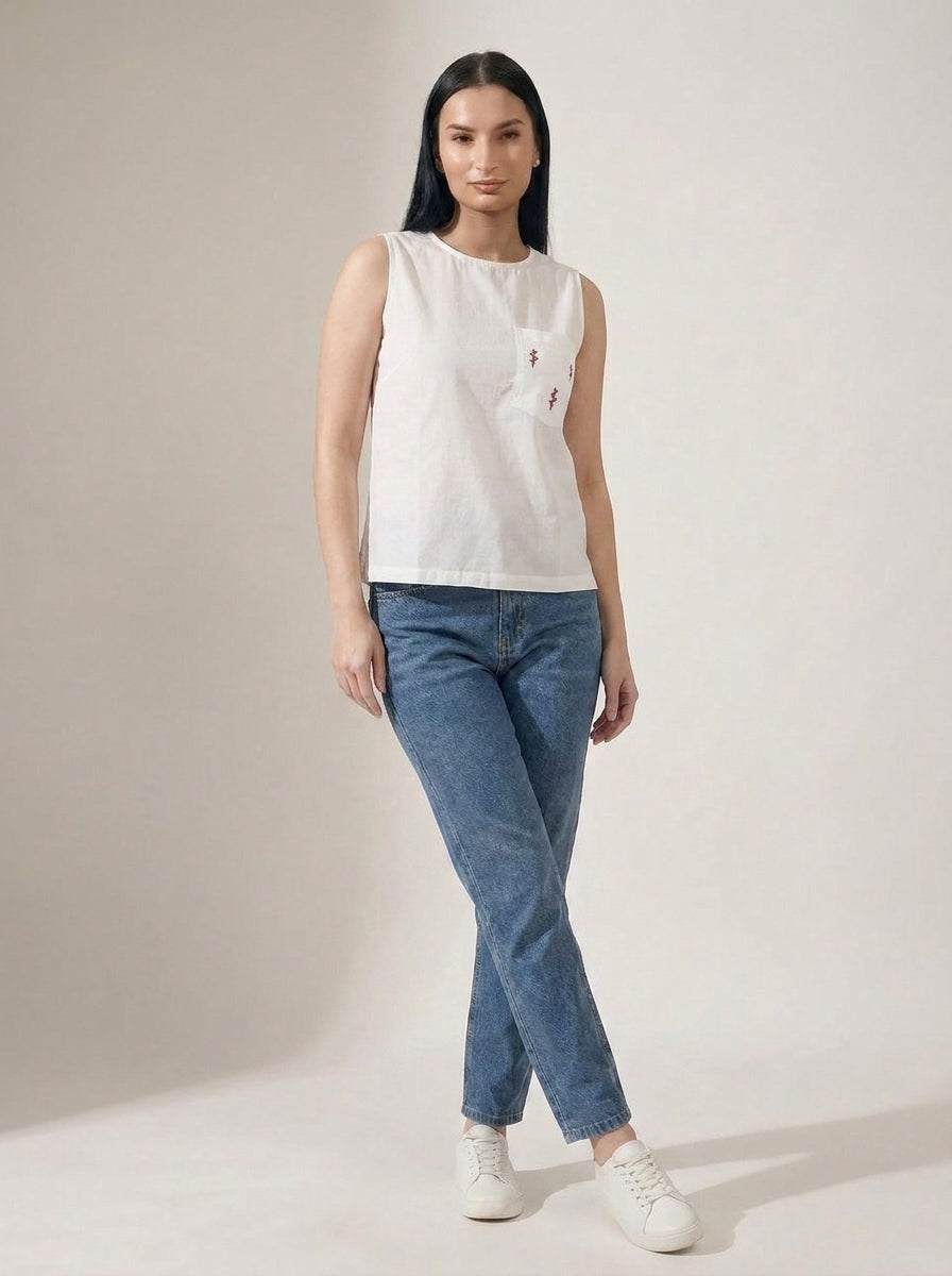 White Sleeveless Cotton Top with embroidered pocket - The Woven Saga