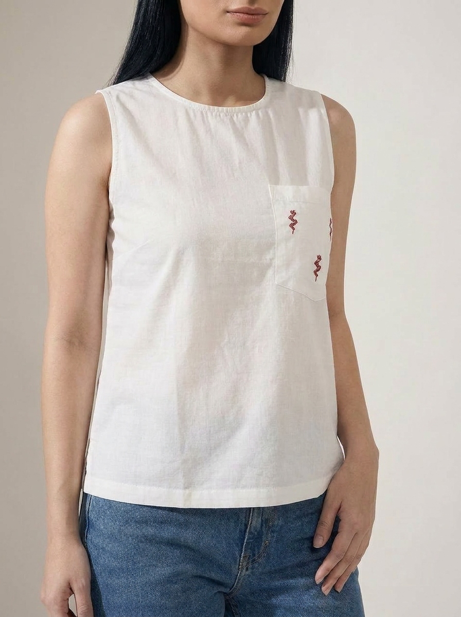 White Sleeveless Cotton Top with embroidered pocket - The Woven Saga