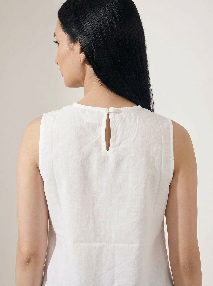 White Sleeveless Cotton Top with embroidered pocket - The Woven Saga