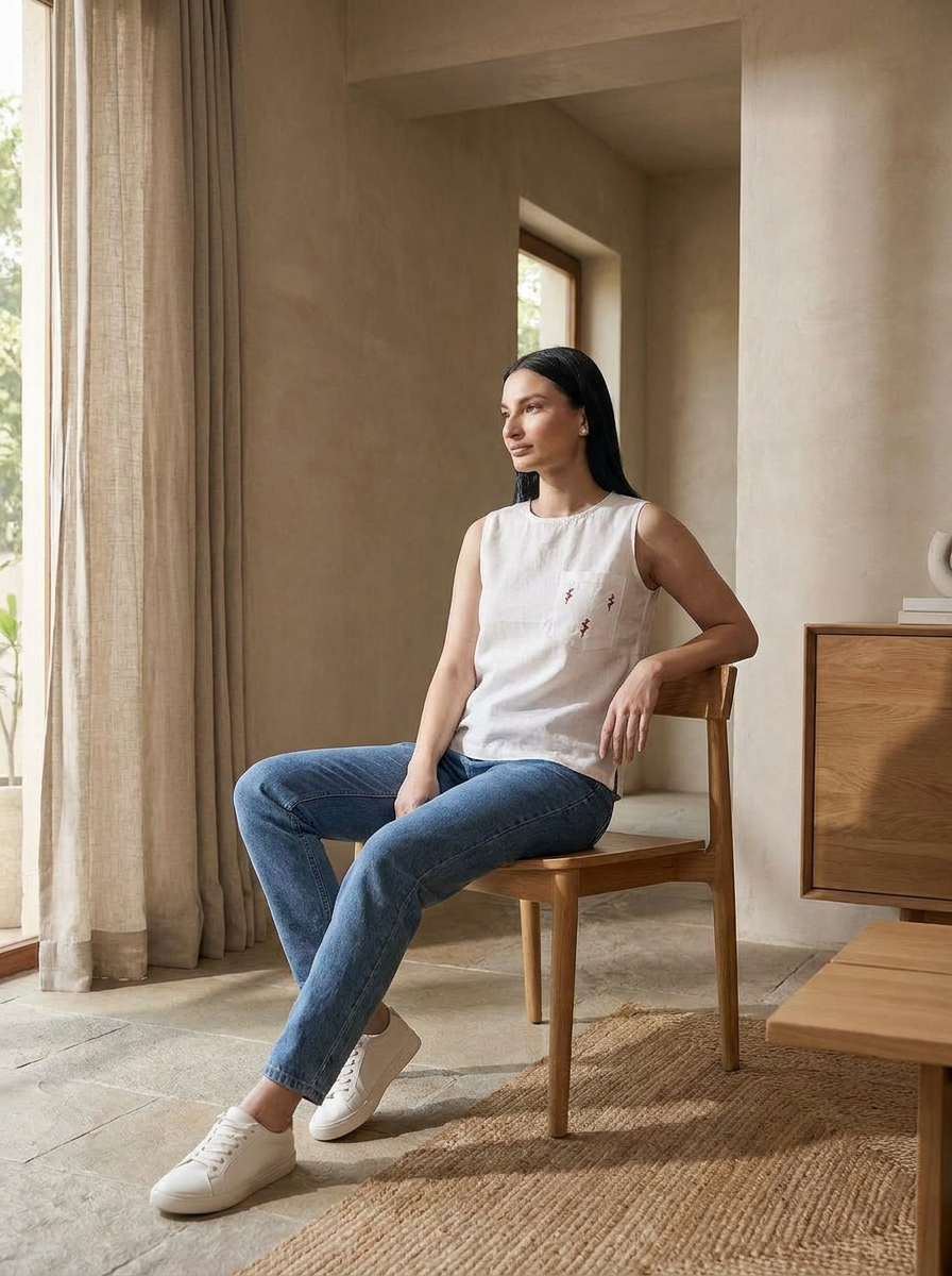 White Sleeveless Cotton Top with embroidered pocket - The Woven Saga