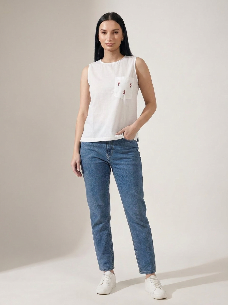 White Sleeveless Cotton Top with embroidered pocket - The Woven Saga