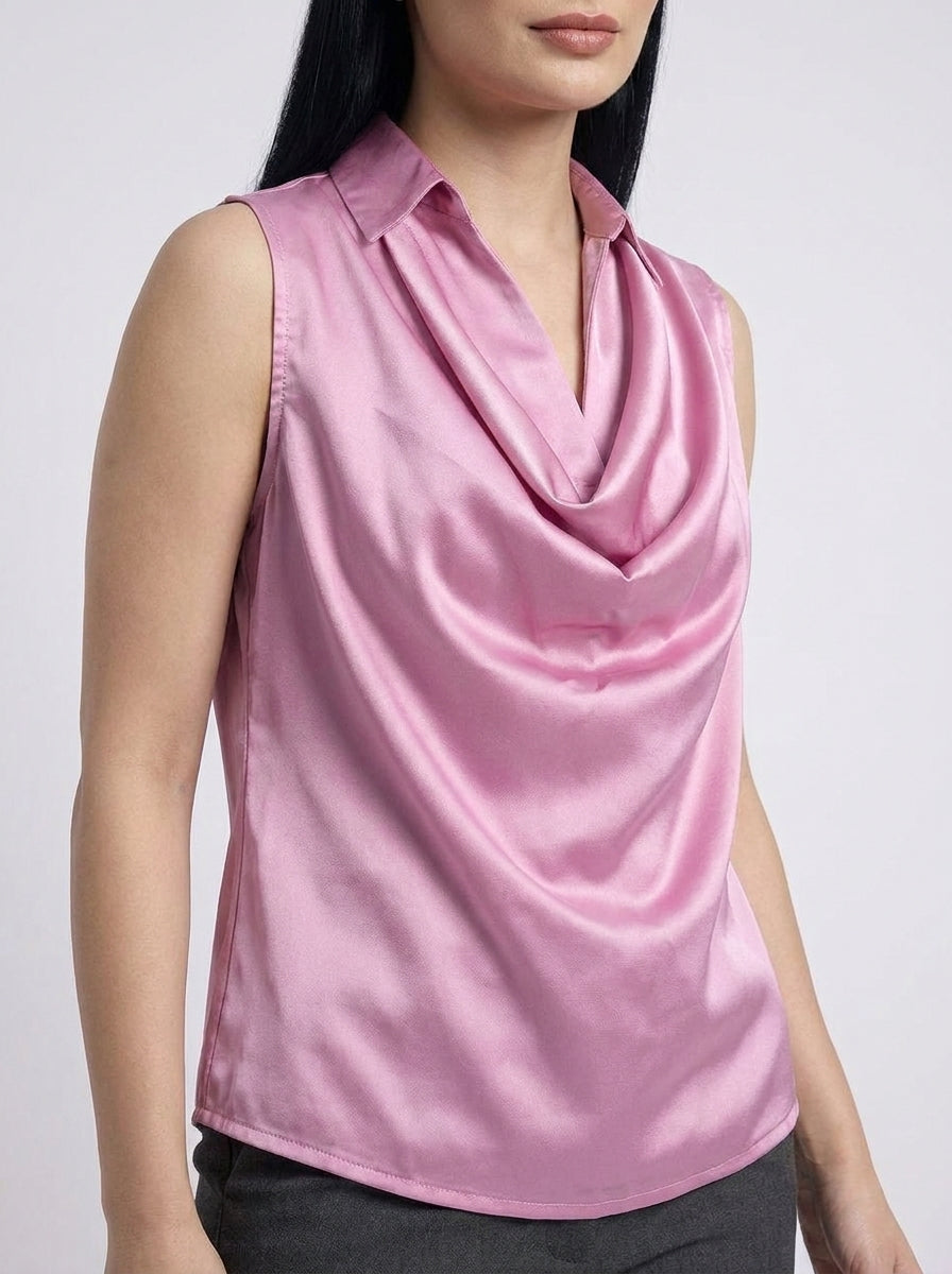 Champagne Pink Cowl Neck Sleeveless Top - The Woven Saga