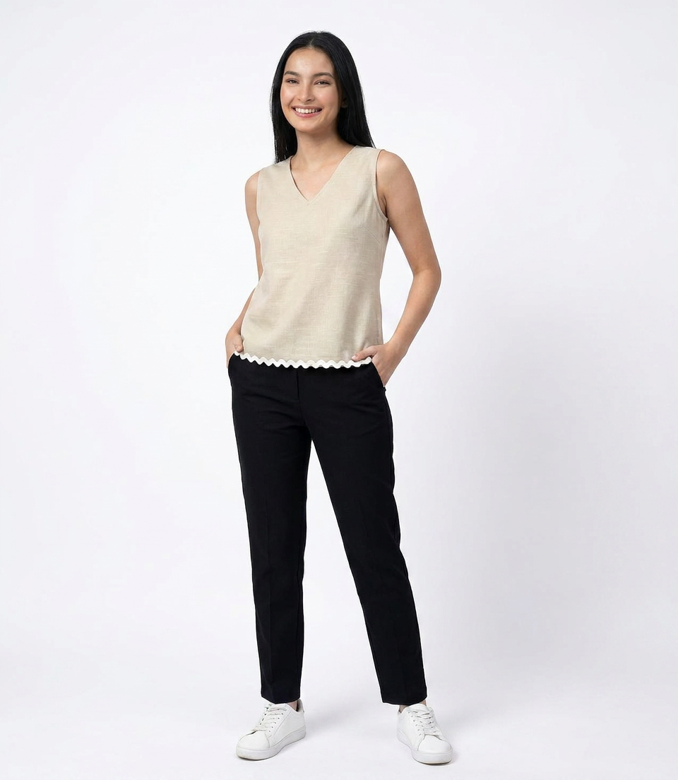 Beige Minimal V- Neck Sleeveless Top