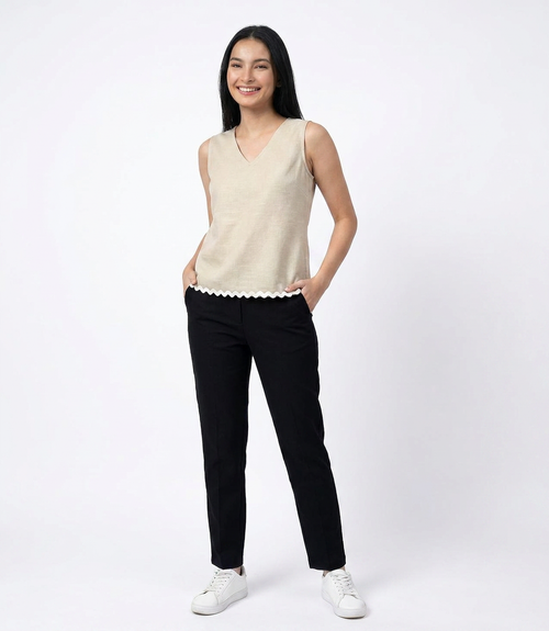 Beige Minimal V- Neck Sleeveless Top - The Woven Saga