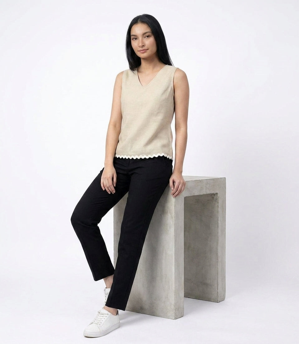 Beige Minimal V- Neck Sleeveless Top