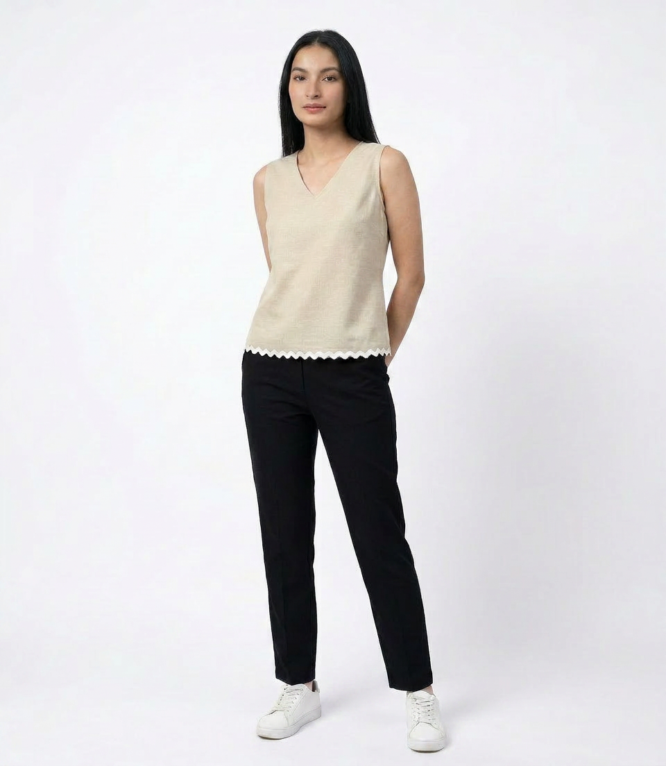 Beige Minimal V- Neck Sleeveless Top