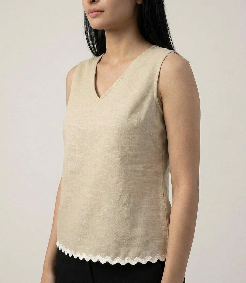 Beige Minimal V- Neck Sleeveless Top